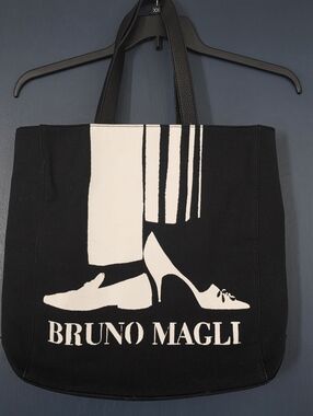 NWT Bruno Magli Black and White Graphic Canvas Tote With Leather Handles